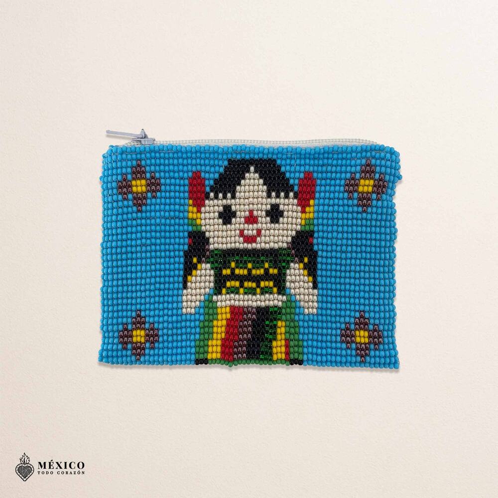 Blue Mexican Beaded Maria Doll Coin Purse – Handmade Artisan Zipper Pouch